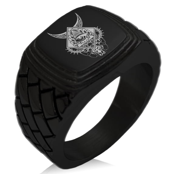 Stainless Steel Spiritual All Seeing Eye Geometric Pattern Step-Down Biker Style Polished Ring