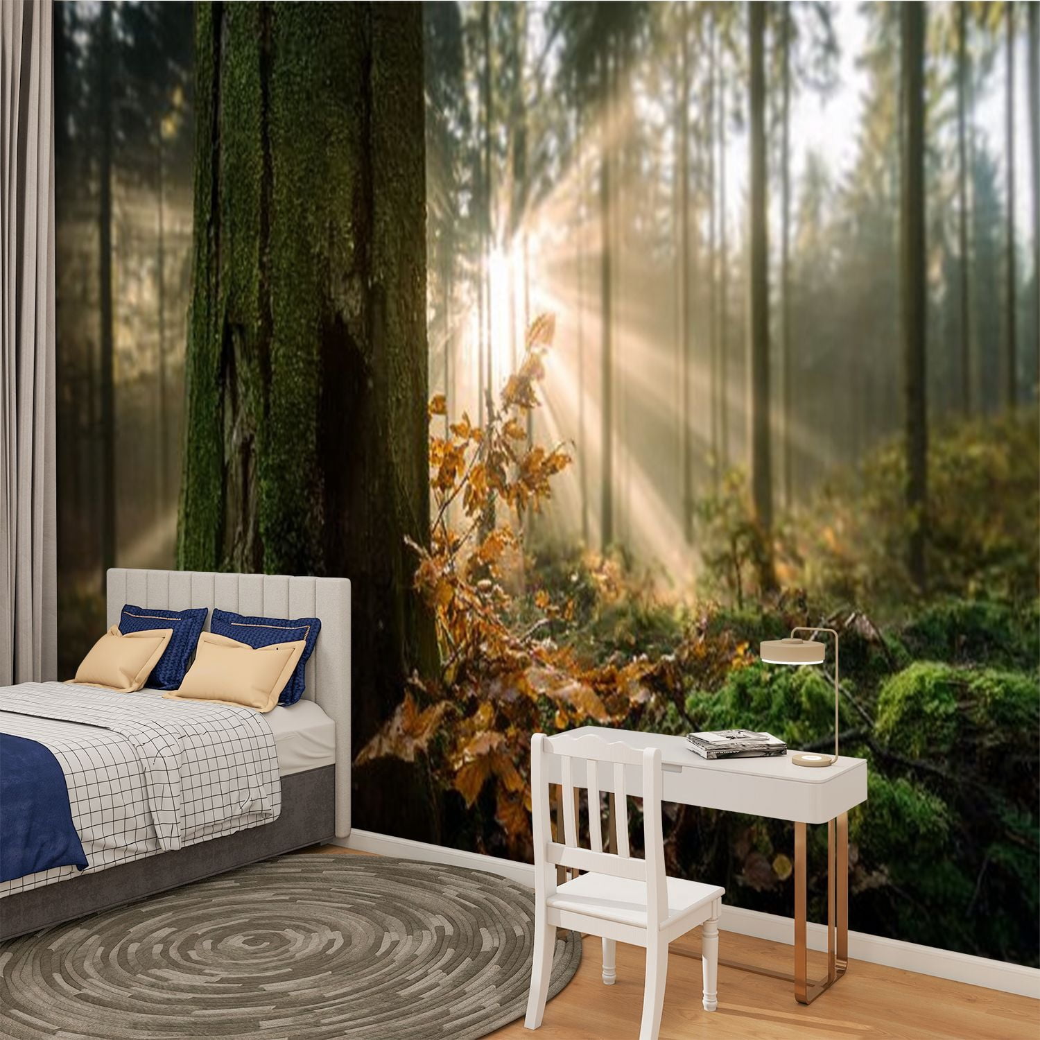 Peel and Stick Wallpaper Misty morning forest sunbeams Modern Art Wall Mural Decor Self Adhesive and Removable 100in x 144in