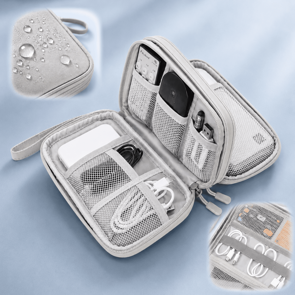 Travel Cable Organizer Bag Pouch Electronic Accessories Carry Case Portable Waterproof Double Layers All-in-One Storage for Cord, Charger, Phone, Earphone Grey