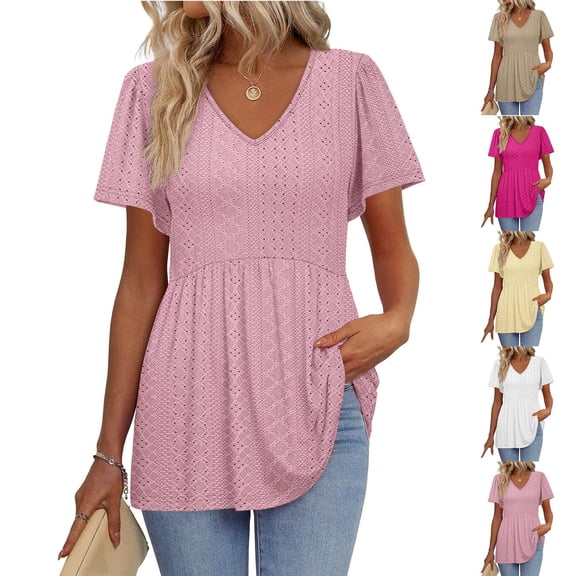 YHAJDS Womens Tops Solid Color Royal Lock Hollow Out Short Sleeve Round Neck Casual Shirt Blouses