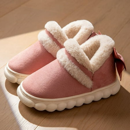 

PIKADINGNIS Lovely Fur Children Cotton Boots Home Winter Warm Plush Boys Girls Thick Bottom 2020 Solid Color Cotton Shoes Kids Furry Shoes