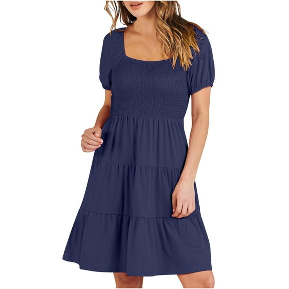 Daiosportswear Women'S Casual Summer Dress Square Neck Flutter Sleeve Smocked Tiered Midi Dress Swiss Dot Boho Flowy Dresses,Women'S Short-Sleeved Dress Navy 4(S)