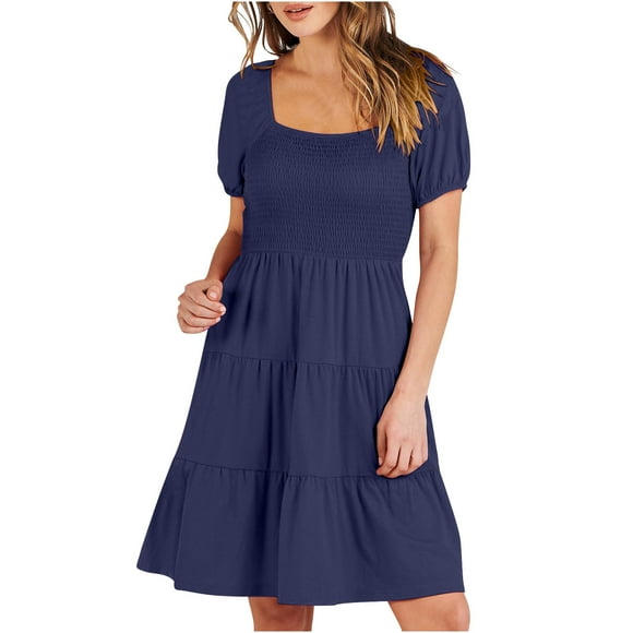 AherBiu Boho Dresses for Women Short Sleeve Smocked Square Neck Tiered Ruffle Flowy Summer Beach Dress