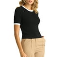thumbnail image 4 of INSPIRE CHIC Women's Fitted Knit Crew Neck Contrast Color Short Sleeve Pullover Tops M Black, 4 of 5