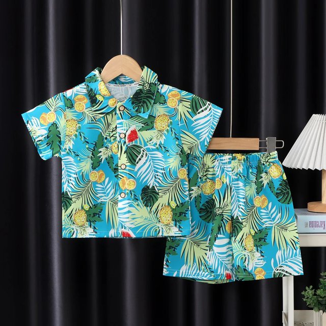 Nuevo conjunto de manga corta para niños 2025, conjunto de camisa de manga corta para playa, traje de dos piezas, modelo masculino, ropa de dormir, traje de pijama