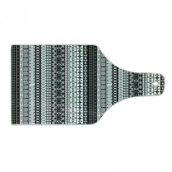 Prehistoric Cutting Board, Black and White Tribal Motifs Pattern Native Geometric Borders Design, Decorative Tempered Glass Cutting and Serving Board, Wine Bottle Shape, Black White, by Ambesonne
