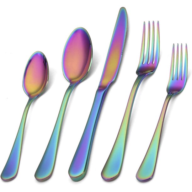 Juego De Plata De 5 Piezas, Juego De Cubiertos De Acero Inoxidable Con Acabado Satinado, Servicio De Juego De Utensilios De Cocina, Juego De Cubiertos De Vajilla Para Restaurante En Casa, Arco Iris