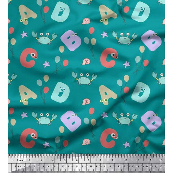 Soimoi polyester Crepe Fabric Crab,Balloons & Alphabets Kids Printed Fabric 1 Yard 52 Inch Wide