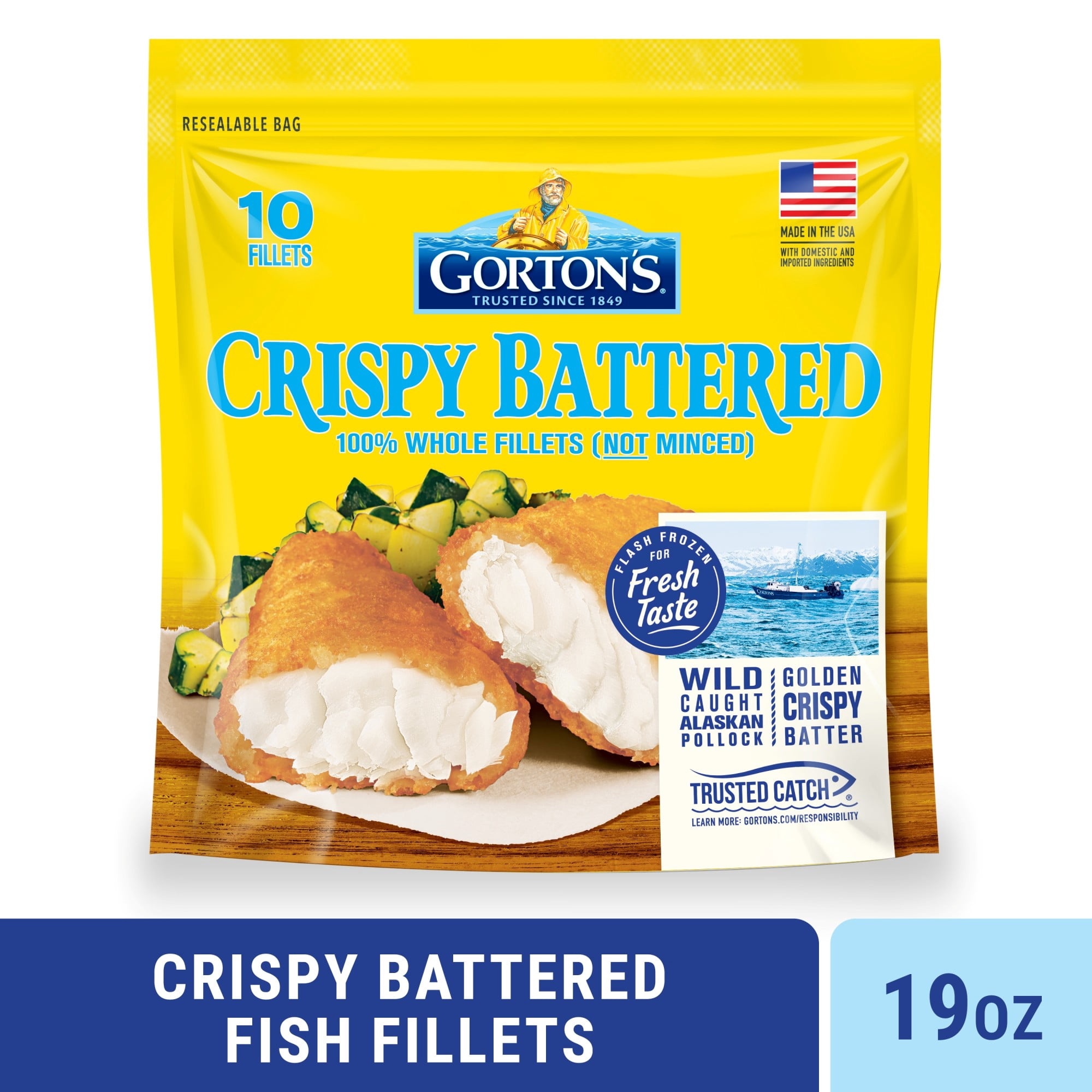 Gorton’s Crispy Battered Fish Fillets, Whole Wild Caught Alaskan Pollock, 10 Count