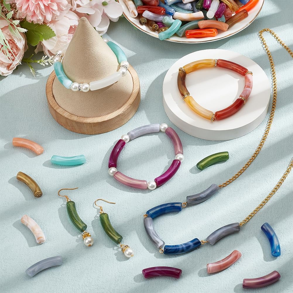 440Pcs Curved Tube Beads Kit Including 180Pcs Acrylic Tube Beads 60Pcs Brass Rhinestone Spacer Beads 200Pcs Acrylic Pearl Beads Elastic Thread for Jewelry Making colorful