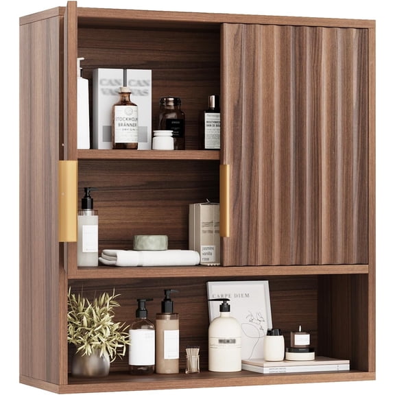 Bathroom Wall Cabinet, Walnut Fluted Medicine Cabinet with Doors, Wall Mounted Storage Cabinet Over Toilet with Adjustable Shelf, Mid-Century Hanging Organizer for Kitchen, Laundry