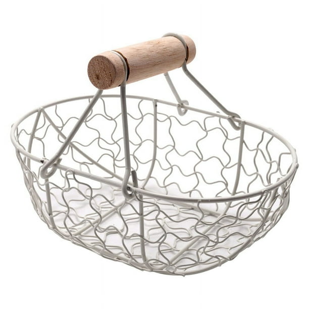 Cesta de metal retro con mango de madera, portátil, multifunción, para guardar verduras, frutas, huevos, comestibles, organizador práctico de almacenamiento, color blanco