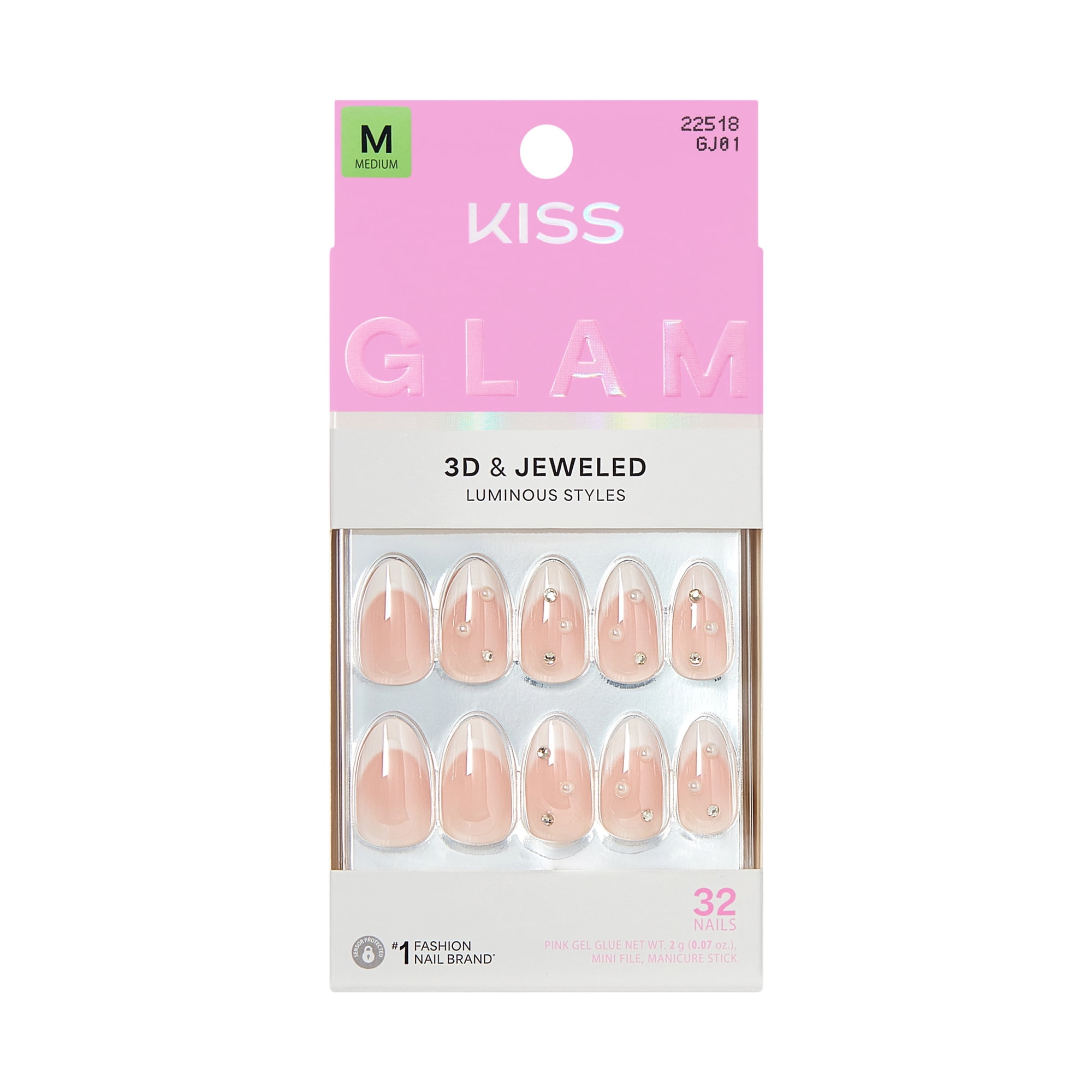 Kiss Glam 3D & Jeweled Press On Nails Almond, ‘Serendipity Awaits’, Neutral, Medium, 32 Count
