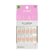 KISS GLAM 3D & Jewel Press On Nails Almond, ‘Serendipity Awaits’, Neutral, Medium, 32 Count