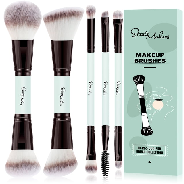 Makeup Brushes Duo End Foundation Powder Buffer and Contour Brush Synthetic Cosmetic Tools 5Pcs (Blue)