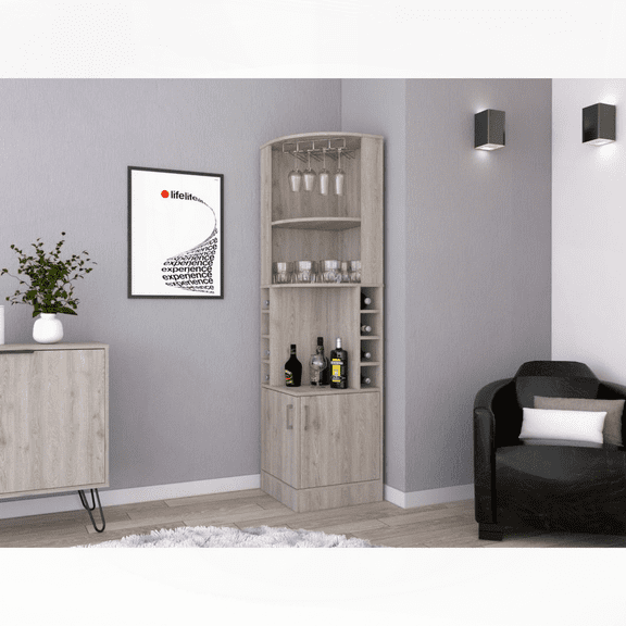 71” Light Gray Corner Bar Cabinet – Space-Saving Wine & Glass Storage with Shelves & Drawer