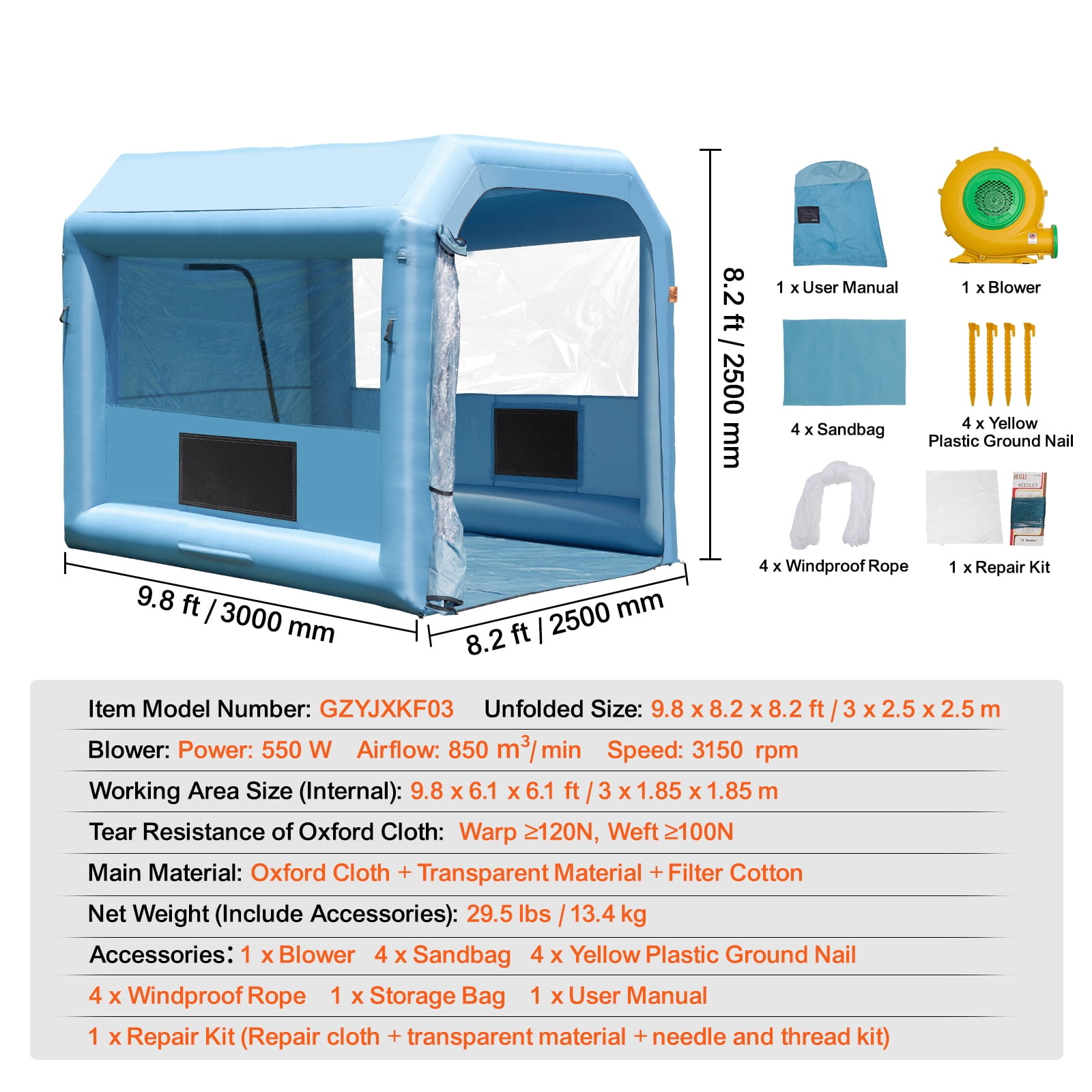 KFFKFF Inflatable Paint Booth, 9.8 x 8.2 x 8.2 ft, Includes 550W Blower & Filtration System, Ideal for Motorcycles, Bikes, & Small Furniture