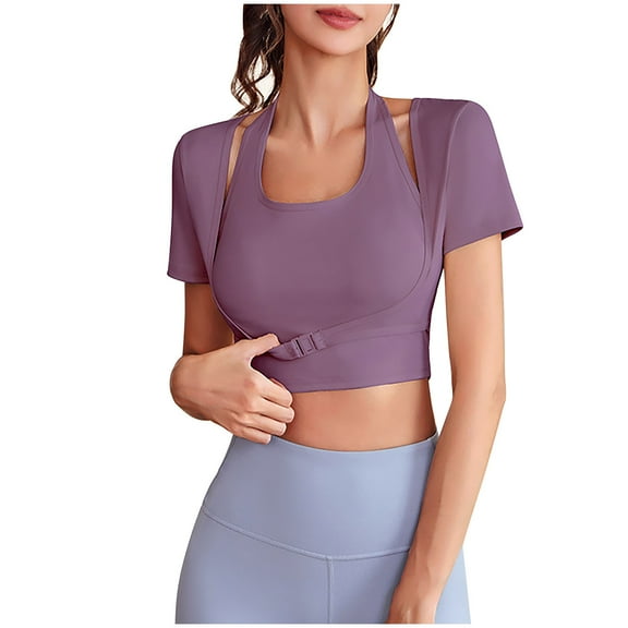 TKLPEHG Workout Crop Tops for Women Solid Color Slim Short Sleeve Athletic Shirts Cropped T-Shirt Yoga Gym Tops (Purple,XL)