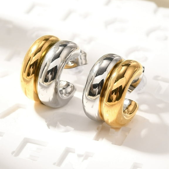 2pairs 304 Stainless Steel Two Tone Stud Earrings Two-layer C-Shaped Golden & Stainless Steel color 14.5x9mm