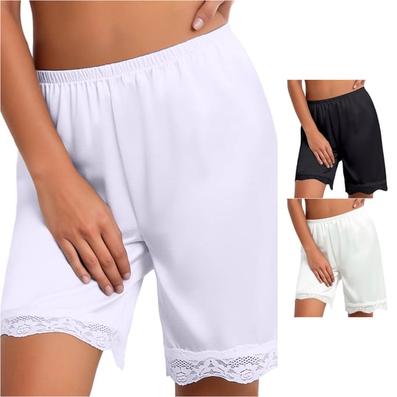 CAIVO Women Casual Satin Shorts With Lace Trim Mid Thigh Length Summer Comfort Shorts Leisure Outdoor Work Solid Color Bottoms