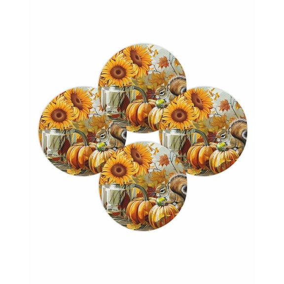 Fall Round Placemats Set of 4 Sunflower Leaves Place Mats Thanksgiving Woven Placemat Autumn Pumpkin Squirrel Plant Circle Braided Table Mat for Kitchen Dining Table Autumn Party Home Decor 15 Inch