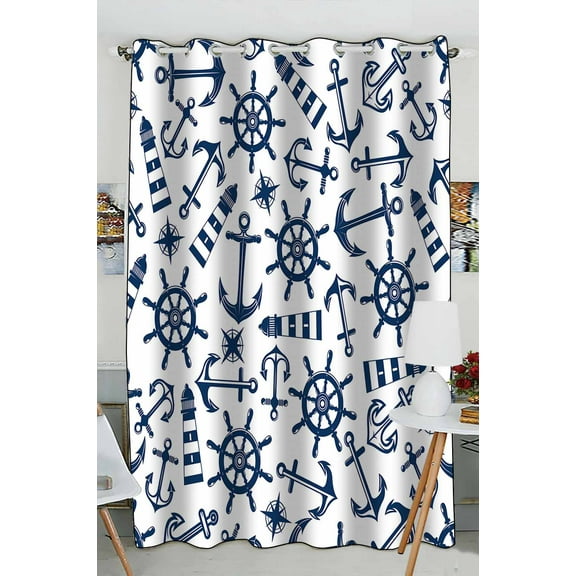 ABPHQTO Retro Nautical Blue Ship Anchors Helms Lighthouses Vintage Window Curtain Kitchen Curtain Window Drapes Panel 52x84 inch (One Piece)