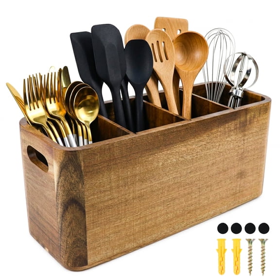 Wooden Utensil Holder Organizer Large Utensil Caddy for Kitchen Counter or Countertop, Storage Cooking and Silverware with 4 Compartment