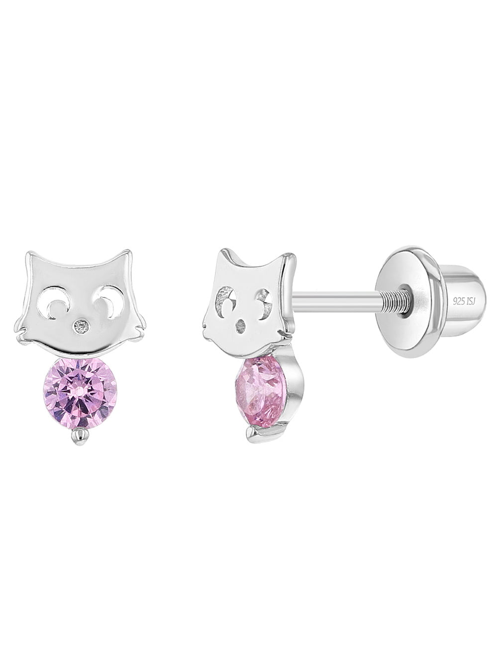 925 Sterling Silver Pink CZ Little Cat Kitten Screw Back Earrings ToddlersGirls 