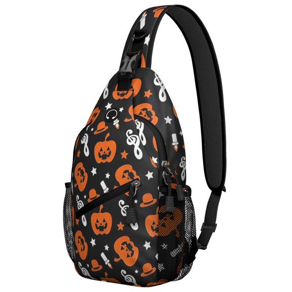 Sling Backpack,Musical Halloween Icons Pattern Sling Bag with Water Bottle Holder,Waterproof Sling Bag for Men/Women with Headphone Jack for Hiking,Travel