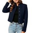 thumbnail image 4 of Women's Faux Suede Cropped Jacket Long Sleeve Stand Collar Button up Coat with Shoulder Pads & Lining Vintage Solid Casual Outerwear for Autumn Winter Navy, 4 of 7