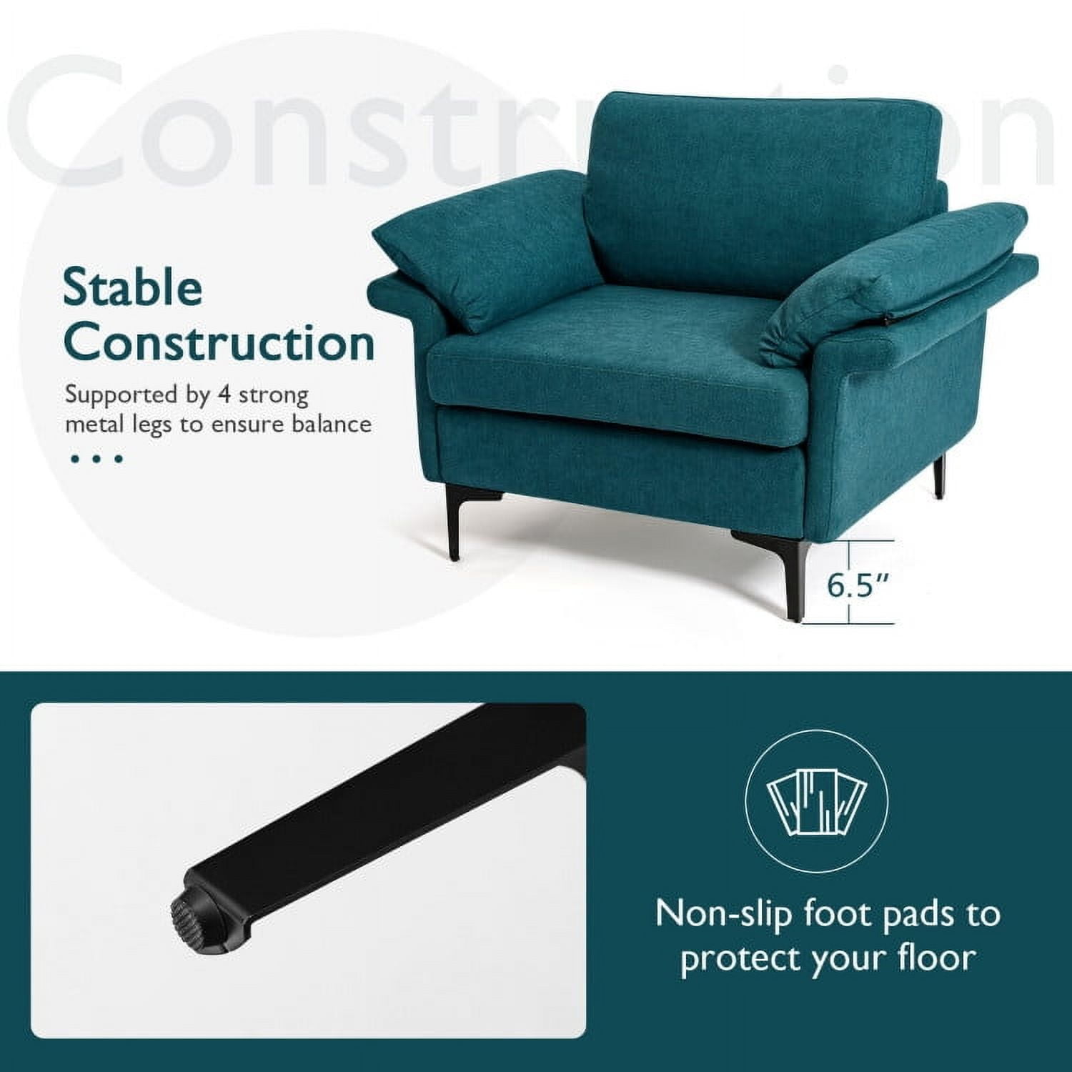 Demi Bonn Upholstered Accent Armchair, Modern Fabric Accent Armchair with Original Distributed Spring and Armrest Cushions, for Living Room, Bedroom, Peacock Blue