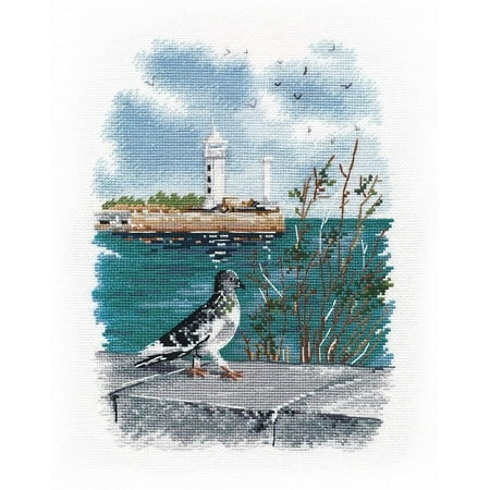 UPC: 4680021532559 | Counted Cross Stitch Kit On the Embankment 1371 Needlework Easy Small Blue Bird Sea Lighthouse By Oven