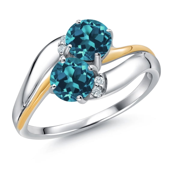 Gem Stone King 925 Sterling Silver and 10K Yellow Gold London Blue Topaz 5MM Round 2 Stone and White Lab Grown Diamond Accent Ring for Women (1.43 Cttw, Gemstone November Birthstone, Size 8)