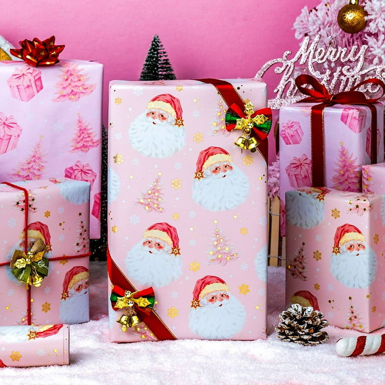 HOMERAL Christmas Wrapping Paper Roll - Pink Gift Wrap with Santa Claus Head, Snowflake, Gift Box, Christmas Tree - Perfect for Christmas - 17 Inch X 33 Feet