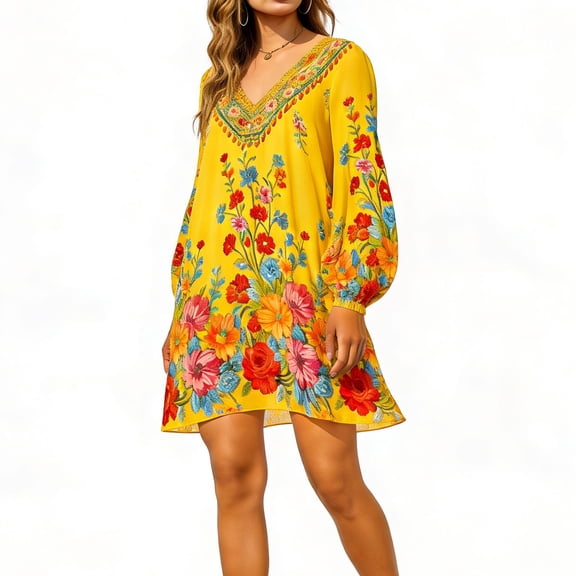 Livrdious Womens Oversized Boho Floral Dress with V-Neck and Long Sleeves Vintage Summer Cover Up Dress