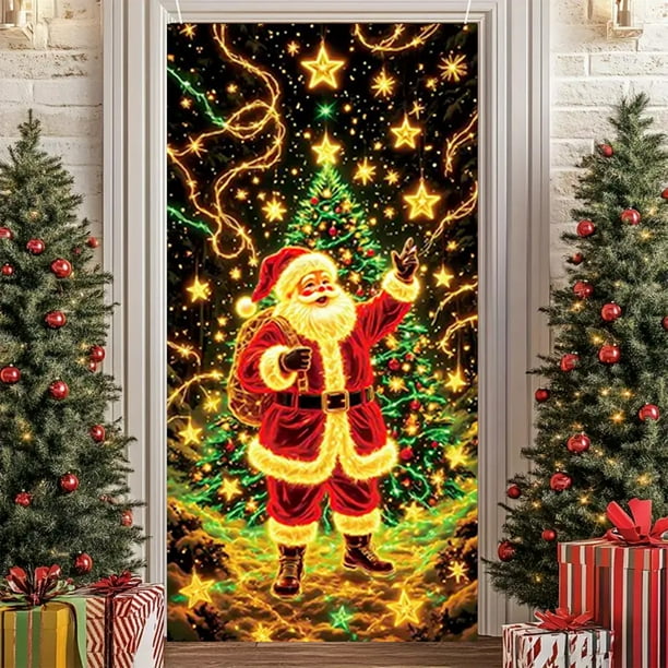 Glows Christmas Door Cover Santa And Tree Printed Holiday Decoration Festive Banners For Indoor Outdoor Christmas Party Home Decor