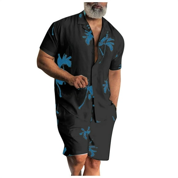 DPTALR Men Hawaiian Short Sleeve Beach Stand-up Collar Shirt Printed Summer Casual Shirts Suit