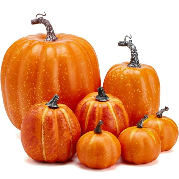 7Pcs Artificial Pumpkins Fall Decoration Assorted Faux Pumpkin Cute Foam Pumpkins for Home Outside Halloween Decorating