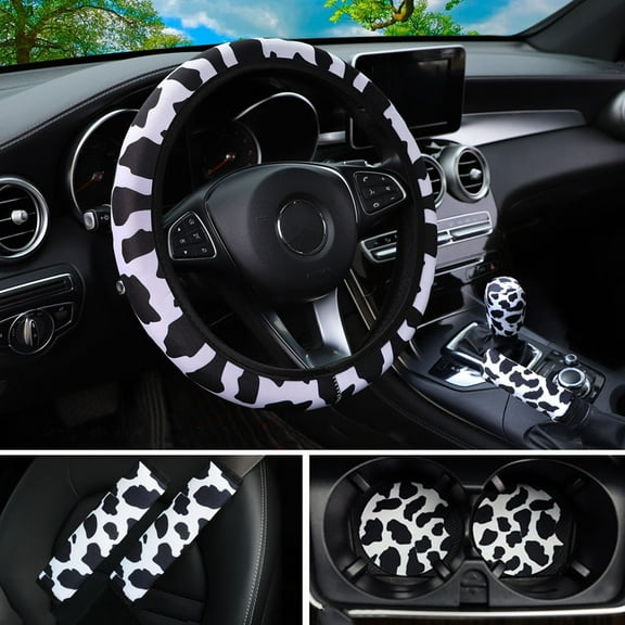 Cute Steering Wheel Cover Set with 2Pcs Car Coasters Universal 14.5-15 inches Cow Print Steering Wheel Cover Fashion Non-slip