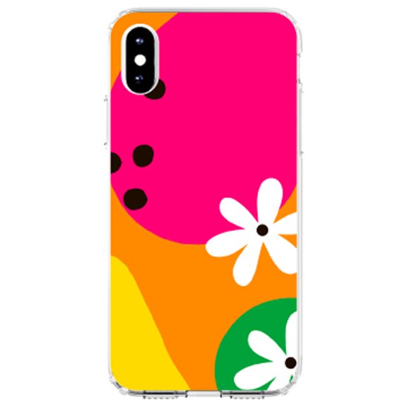 DistinctInk Clear Shockproof Hybrid Case for iPhone XS Max (6.5" Screen) - TPU Bumper, Acrylic Back, Tempered Glass Screen Protector - Summer Vibes Bold Flower Orange Pink Yellow