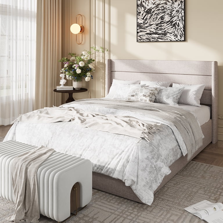 Amolife Queen Lift Storage Bed, Wingback Headboard, Beige photo 2
