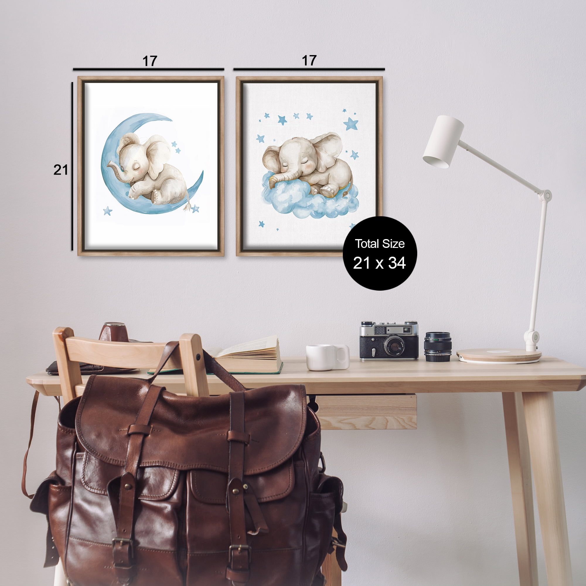 Stupell Industries Blue Sleepy Elephant Animals Painting Brown Floater Framed Canvas Art Print Wall Art, 17 x 21, Set of 2