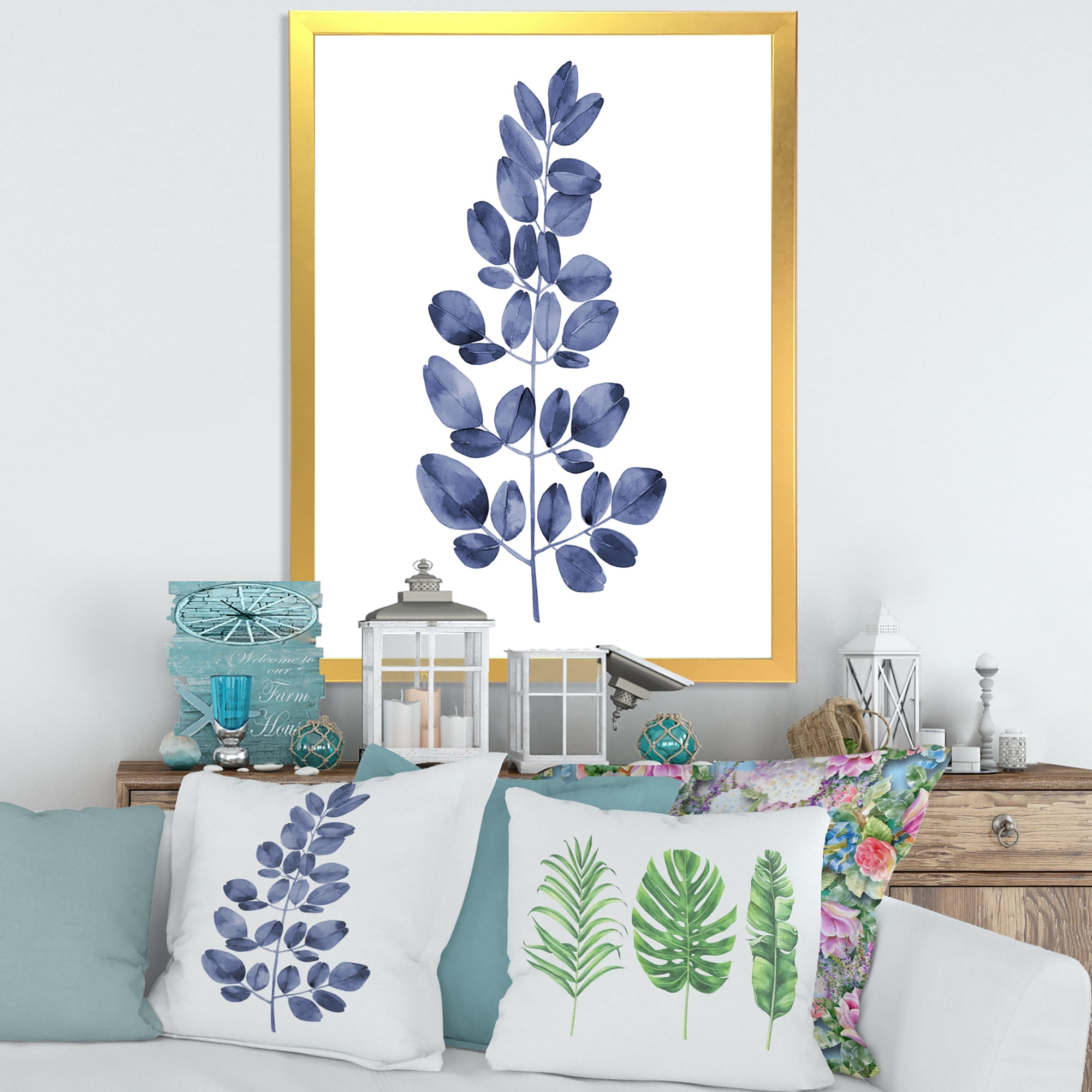 Designart 'Navy Blue Eucalyptus On White' Traditional Framed Art Print