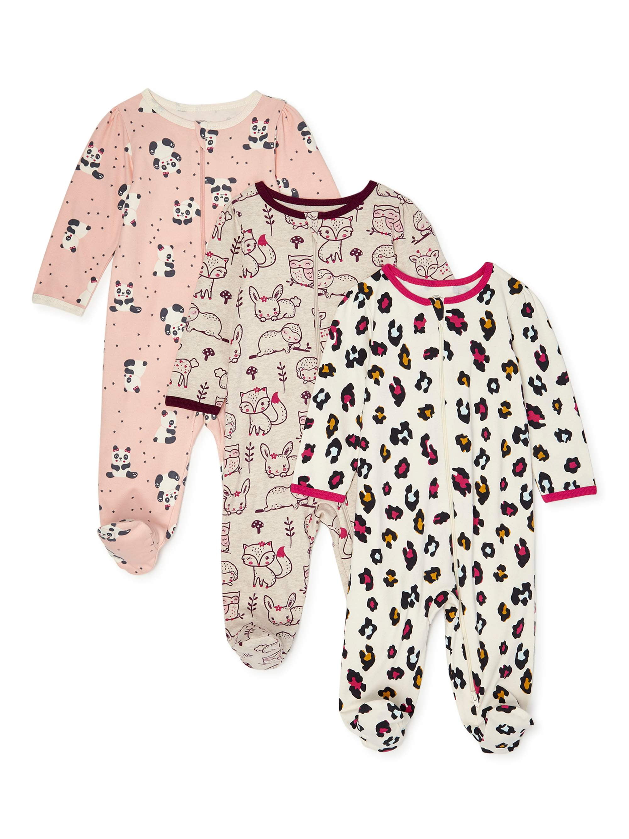 Wonder Nation Newborn Baby Girl Sleep and Play Pajamas, 3 Pack (Pre6
