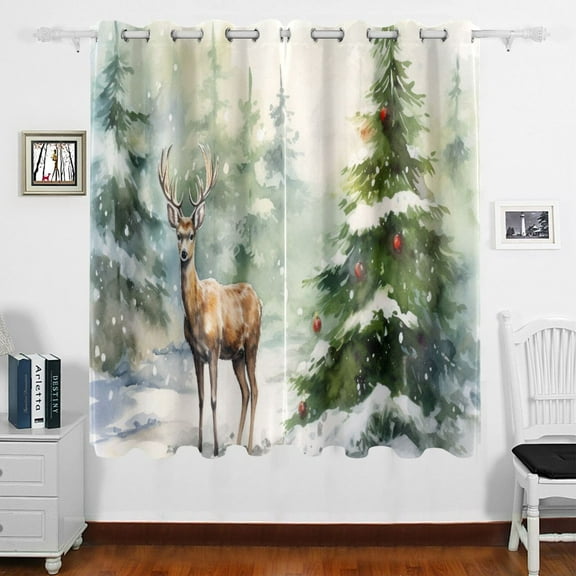 Christmas Trees Deer Snow Curtains Black Out 63 Inch Length Curtains for Sliding Glass Doors Bedroom Living Room 2 Panels Set