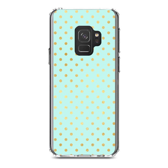DistinctInk Clear Shockproof Hybrid Case for Samsung Galaxy S9 (5.8" Screen) - TPU Bumper, Acrylic Back, Tempered Glass Screen Protector - Teal & Gold Polka Dot Pattern