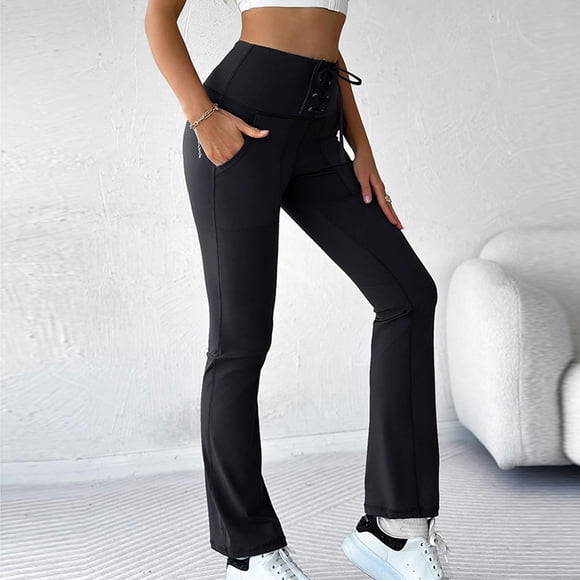 MKLEKYY Womens Jeans Women Fashion Solid Pocket High Waist Stretch Tight Yoga Pants Running Flared Pants Women's Wide Leg Pants