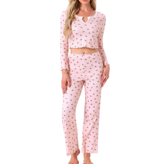 DARING DIVA Women's Pajama Sets Cherry Print Ruffled Long Sleeve Top and Pants S Pink