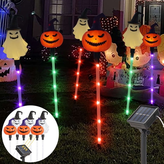 Gustave 6 Pack Solar Pathway Lights 3D Pumpkin Ghost Garden Stake Lights Outdoor Halloween Decoration Waterproof String Lights for Outside Patio Yard Party Decor