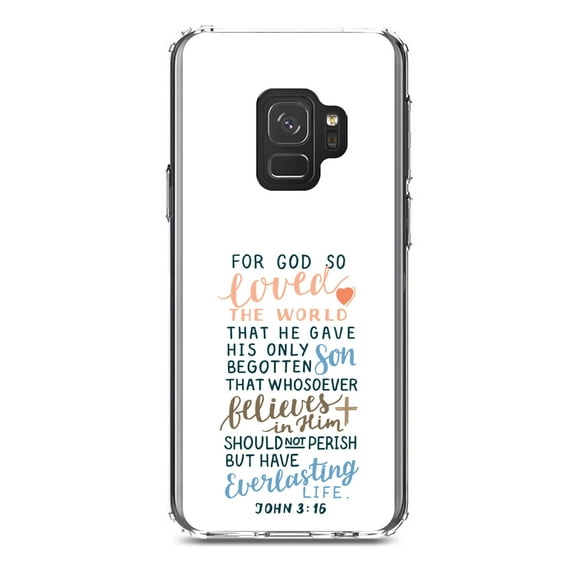 DistinctInk Clear Shockproof Hybrid Case for Samsung Galaxy S9 (5.8" Screen) - TPU Bumper, Acrylic Back, Tempered Glass Screen Protector - John 3:16 - For God So Loved The World